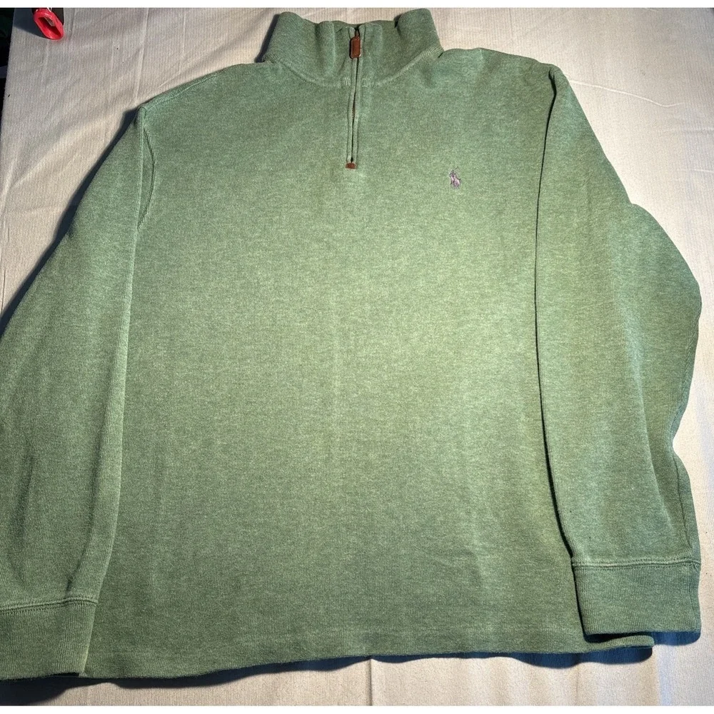 Polo Ralph Lauren Mens XL Green 1/4 Zip Pullover Cotton Knit Sweater Purple Pony